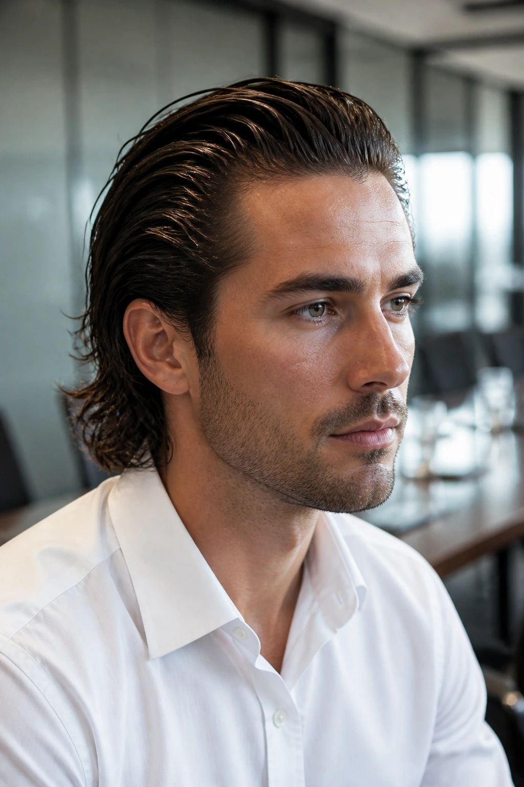 Portrait of a man with a glossy wet-look pushed-back hairstyle in a meeting room
