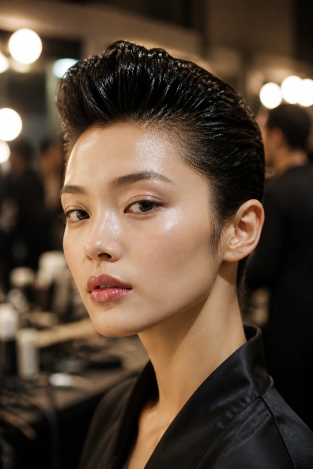 Close-up portrait of a real person with a glossy wet-look quiff