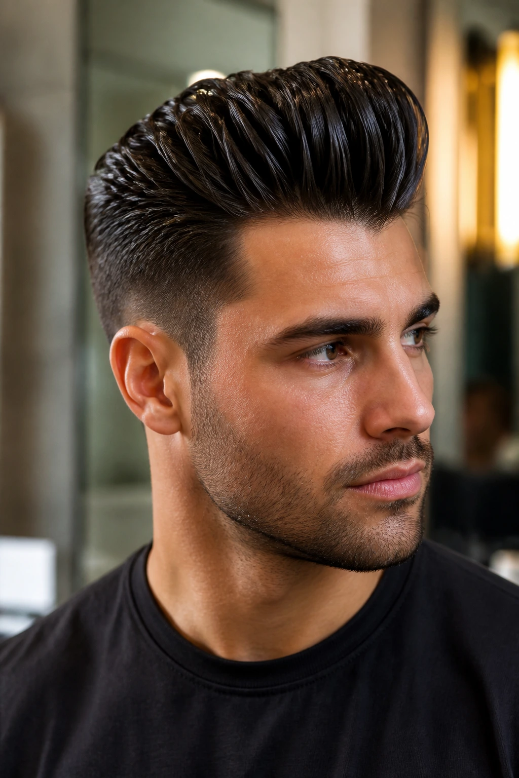 Man with a wet-look quiff in a modern interior portrait