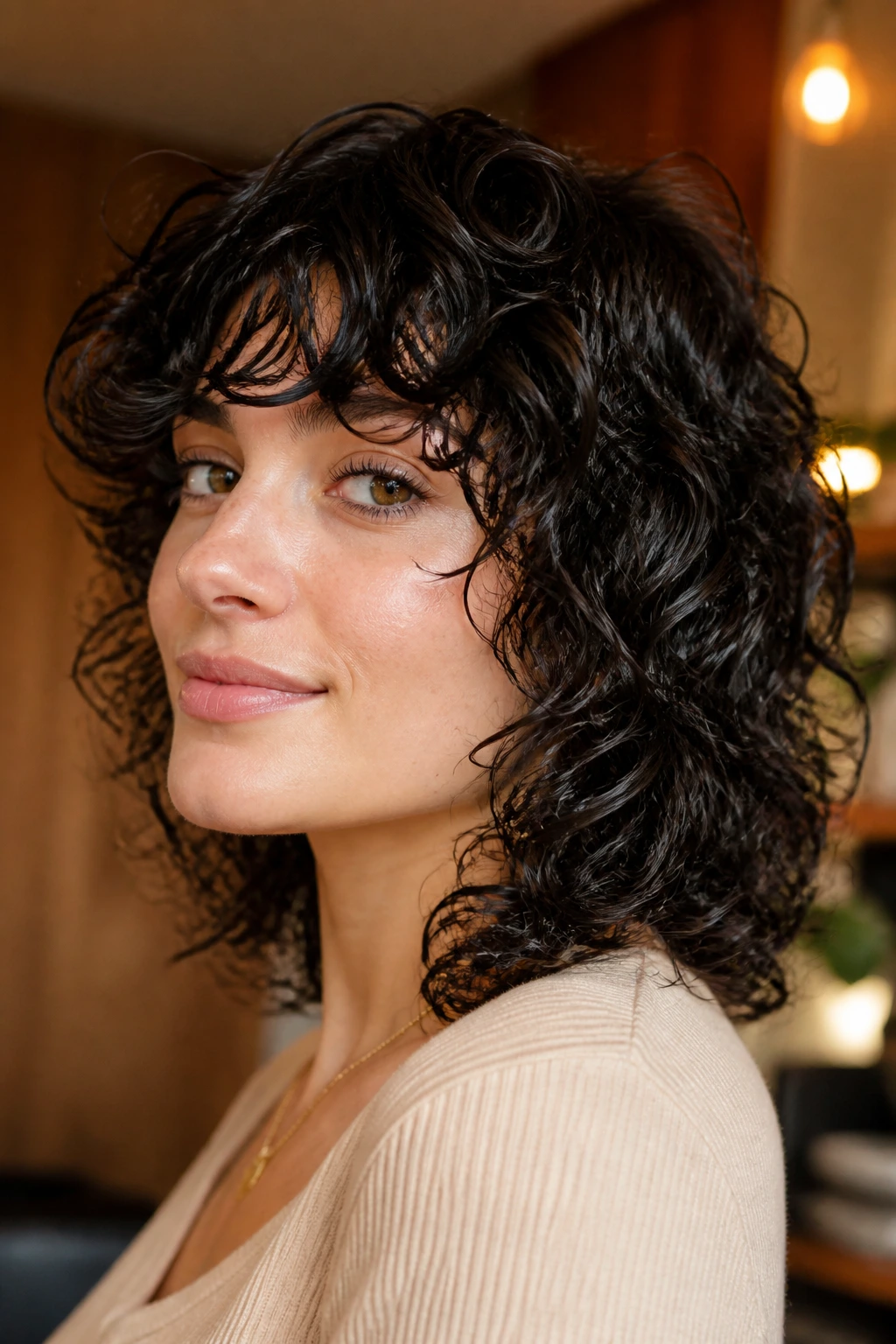 Real woman with glossy defined ringlets in a cozy room