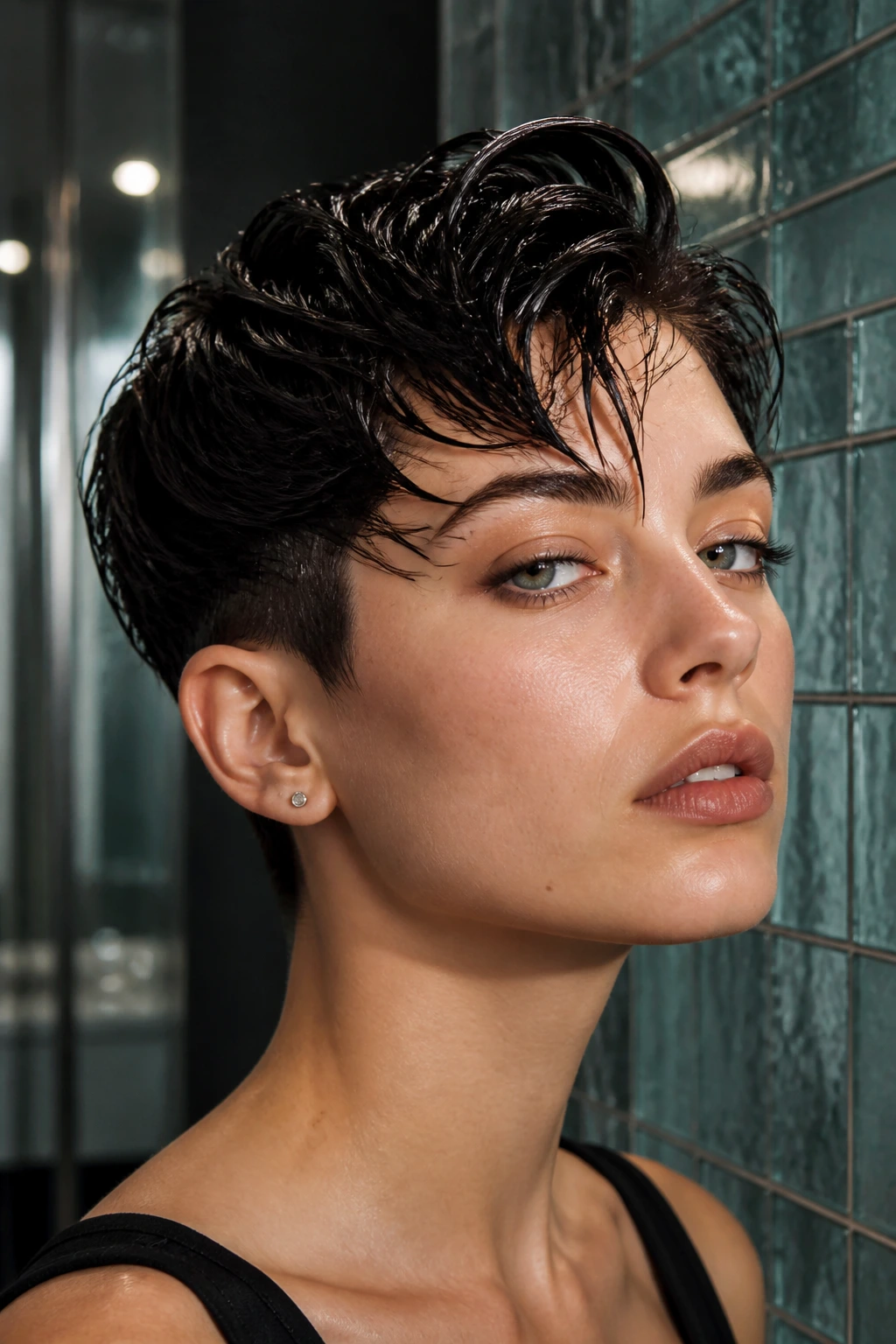 Portrait of a person with a glossy short wet-look sculpted cut in a modern bathroom