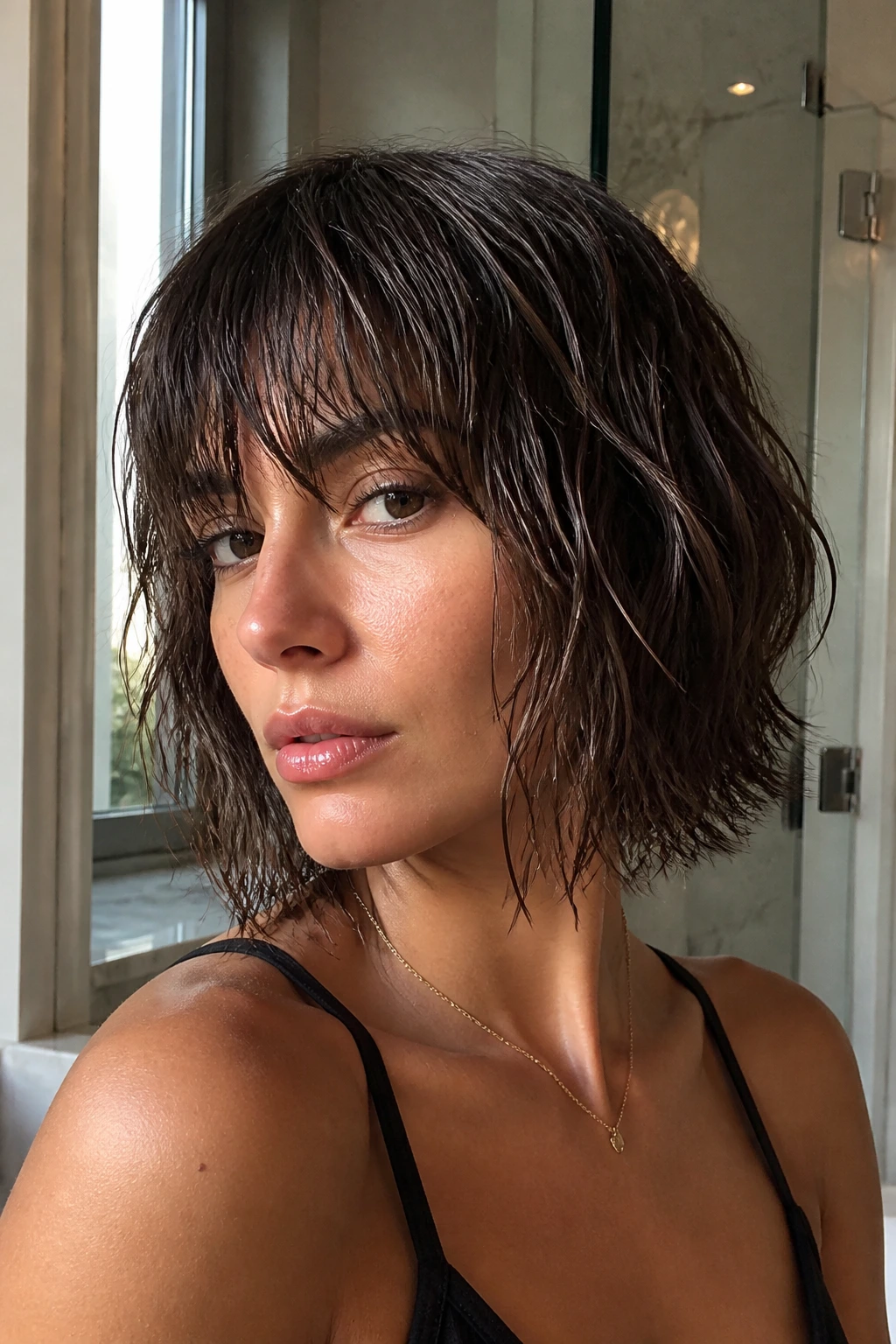Close-up of real woman with glossy wet-look shag bob in bathroom lighting
