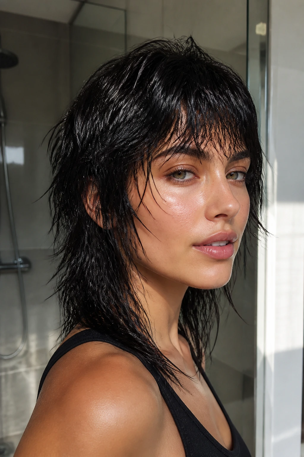 Close-up of a real woman with glossy wet-look shag and separated piecey ends.