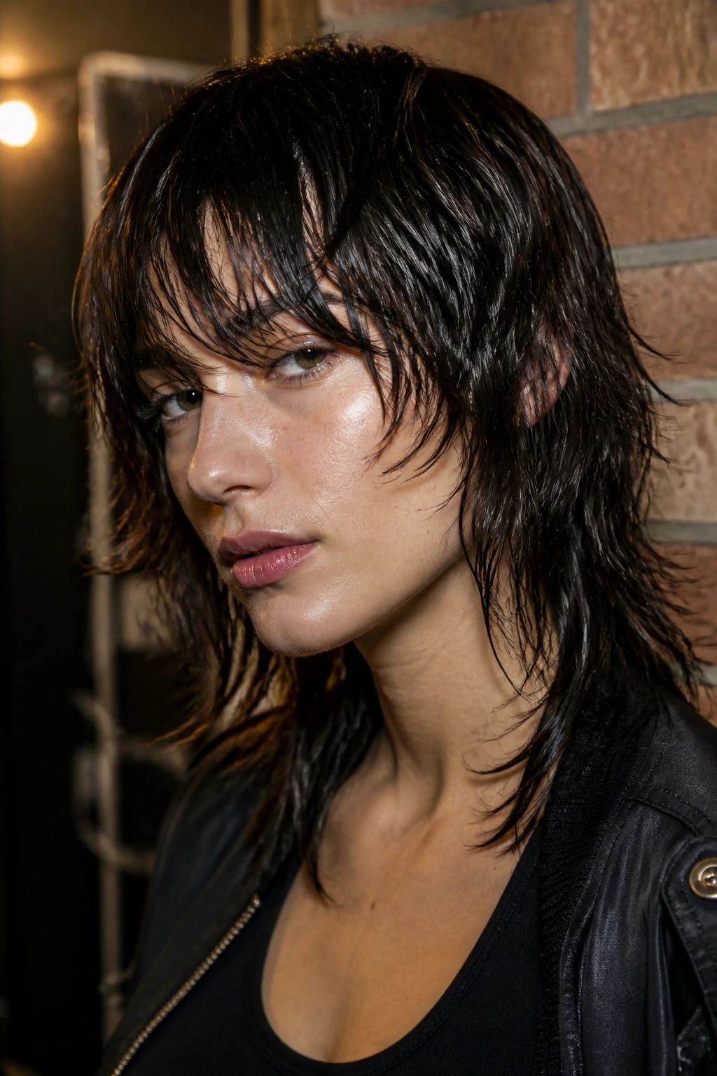 Close-up portrait of a woman with wet-look textured shag and glossy damp hair