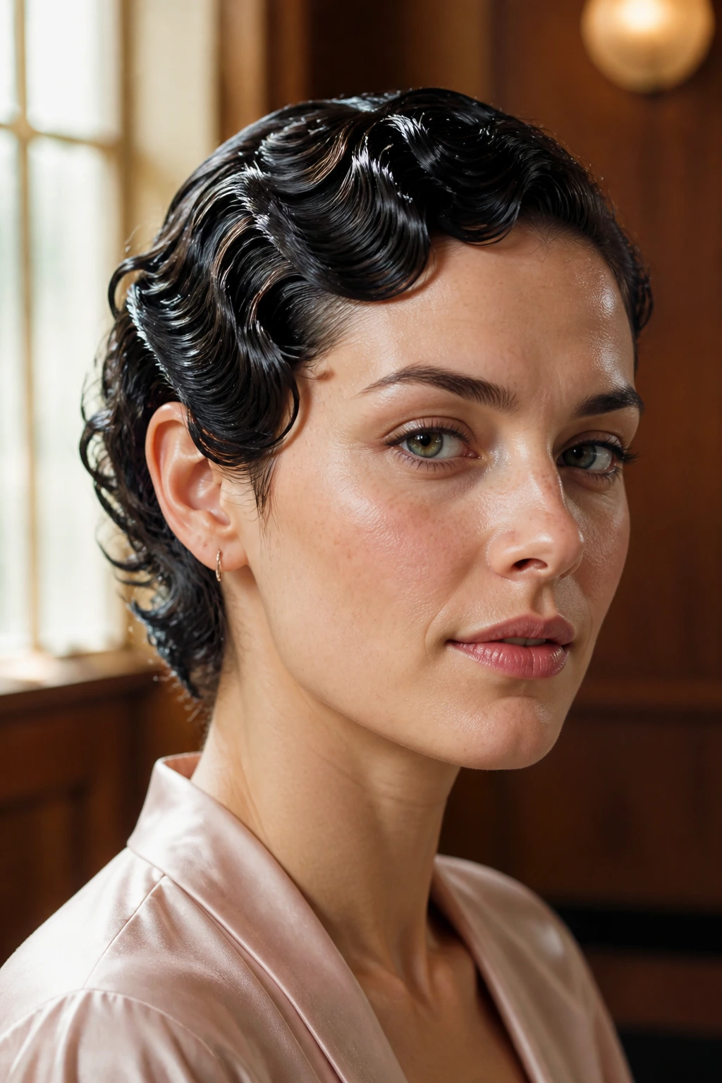 Close-up of a real woman with glossy wet-look waves on short hair