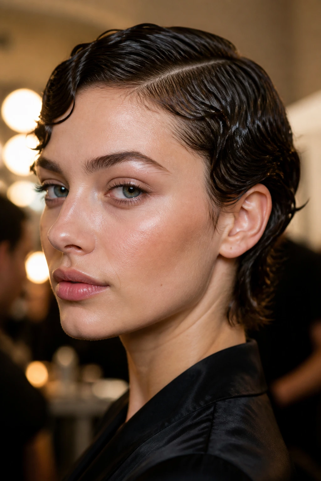 Close-up of a woman with glossy wet-look short waves