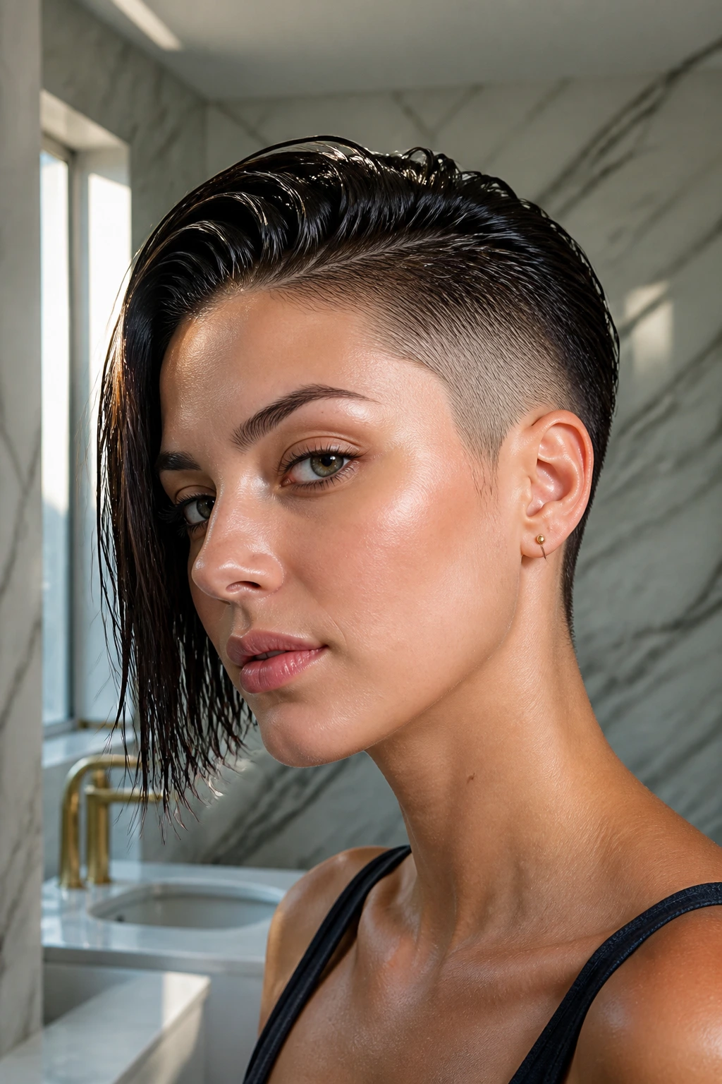 Close-up of a real person with a wet-look sleek side fade and glossy top in a stylish bathroom.