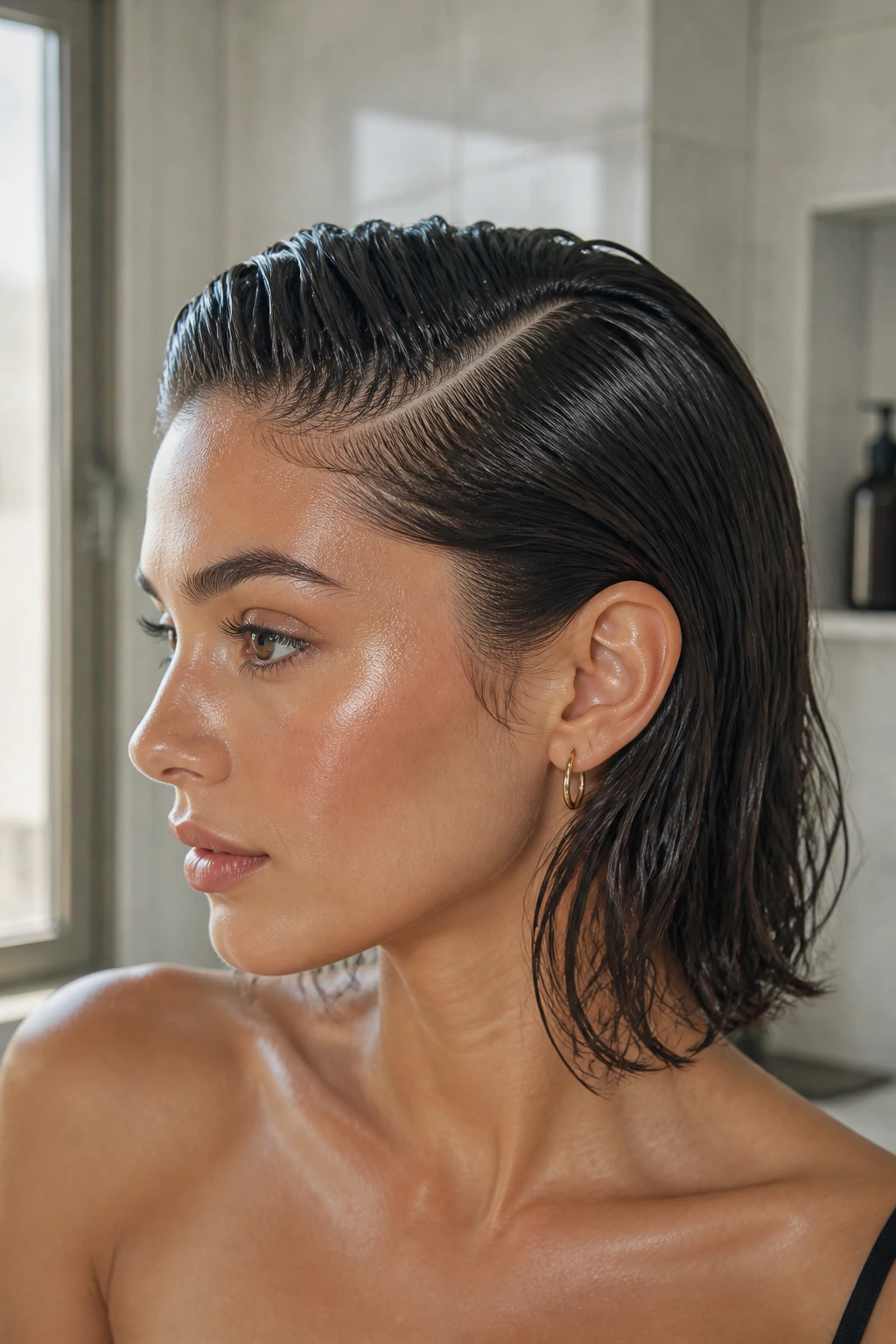Close-up of a real woman with a sleek wet-look side part and glossy hair