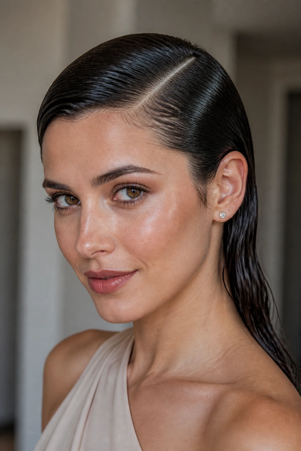 Close-up of a real woman with a wet-look side part