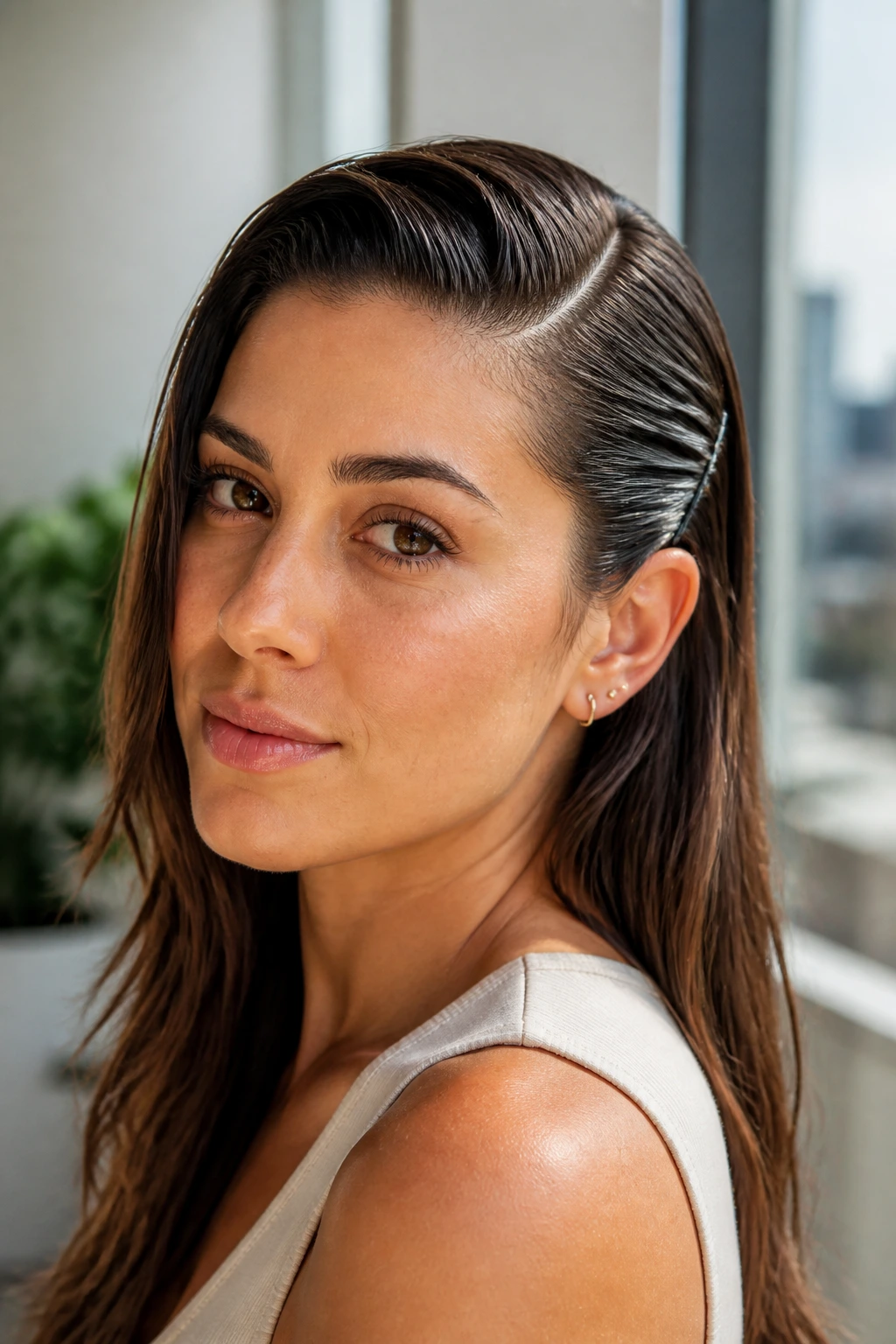 Close-up of a real woman with a deep side part and wet-look top hair tucked behind the ear