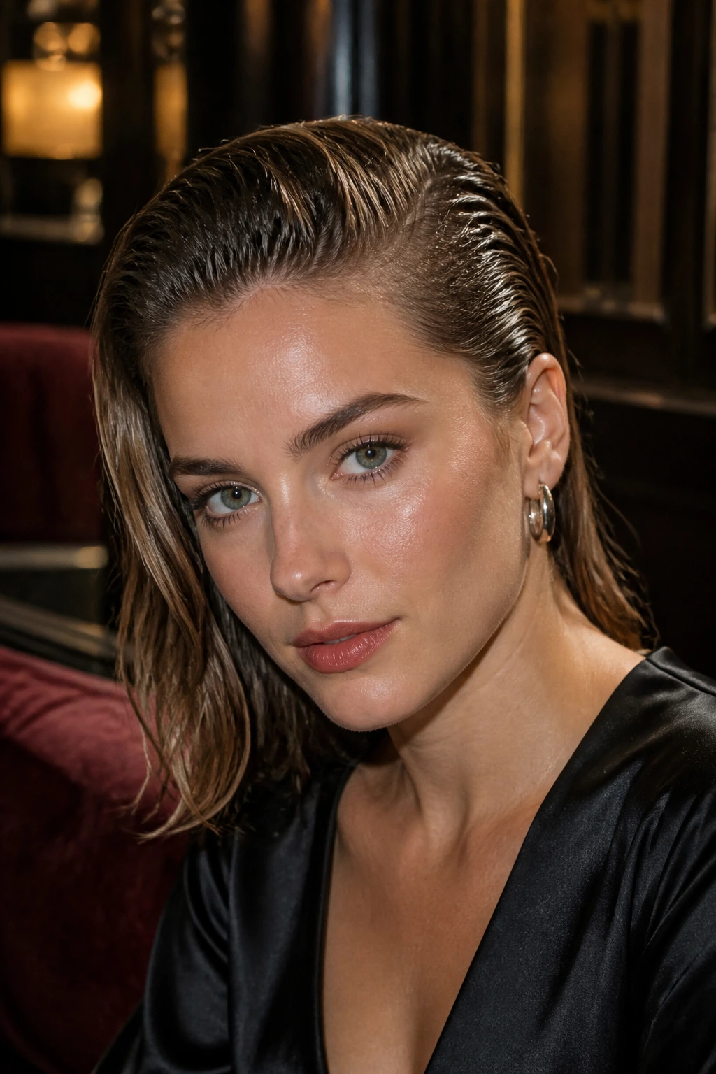 Close-up of real woman with slicked-back wet-look side sweep