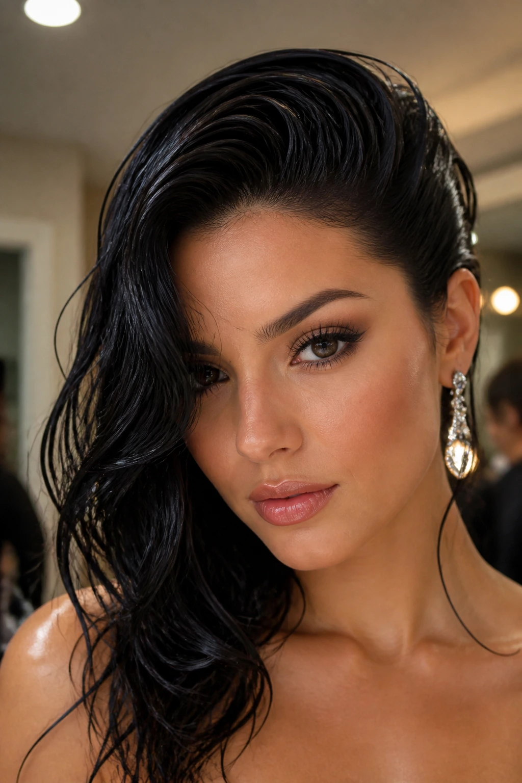 Close-up of wet-look side sweep prom hairstyle on a real woman