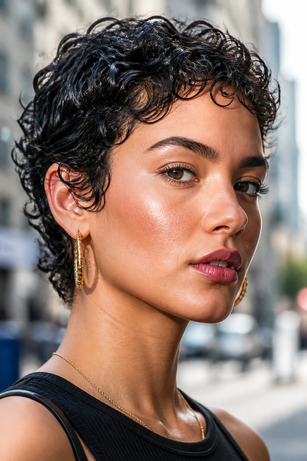 Close-up of a real person with a wet-look sleek curl crop in daylight
