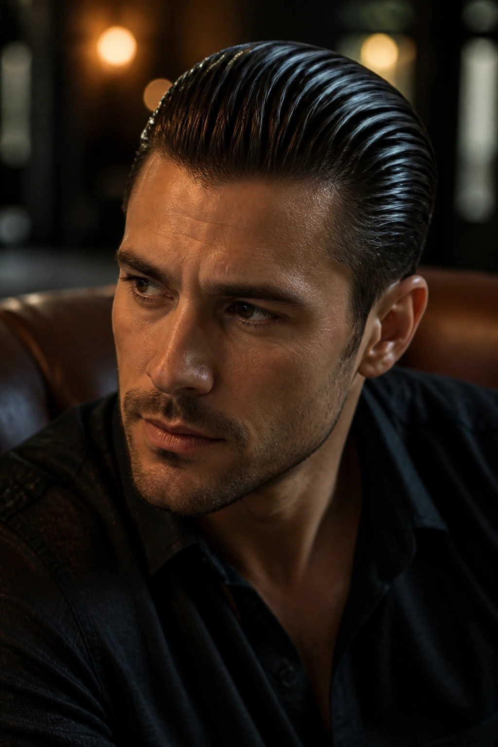 Portrait of man with wet-look slick back hairstyle