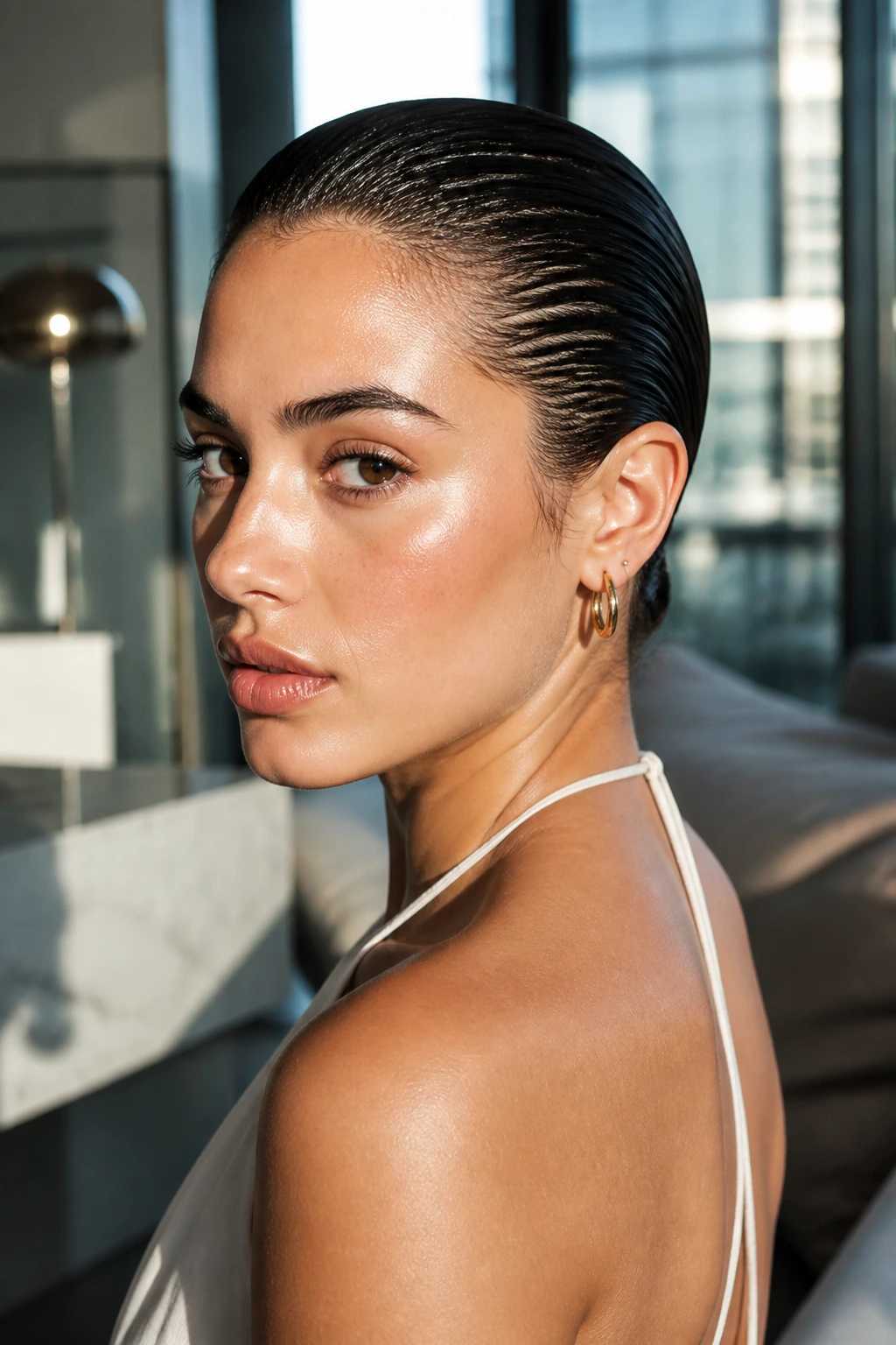 Portrait of a real woman with wet-look slicked-back hair