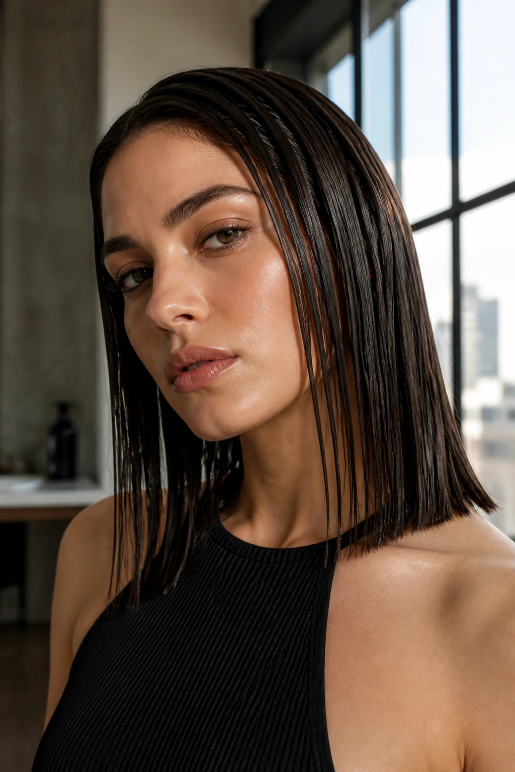 Close-up real woman with glossy wet-look straight hair.