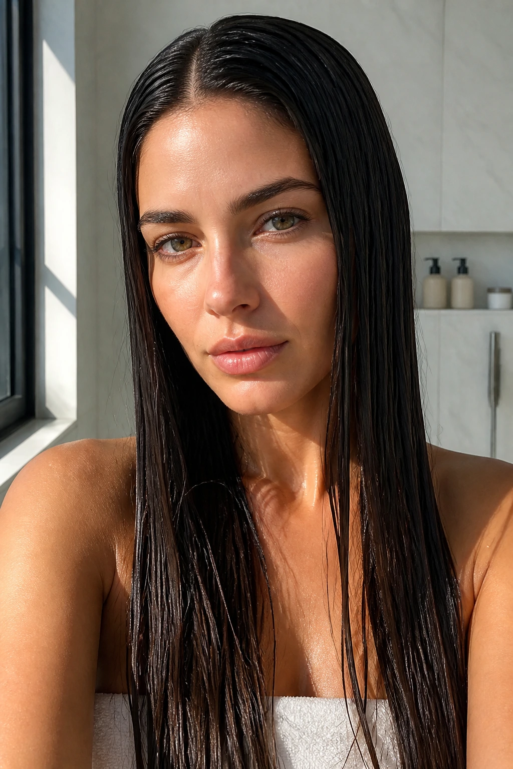 Close-up portrait of a real woman with glossy wet-look straight hair