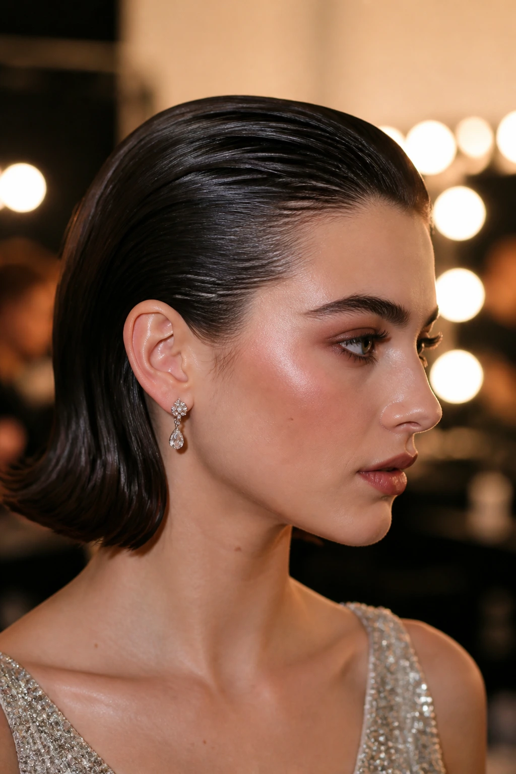 Close-up of a real woman with glossy wet-look hair tucked behind one ear in backstage lighting