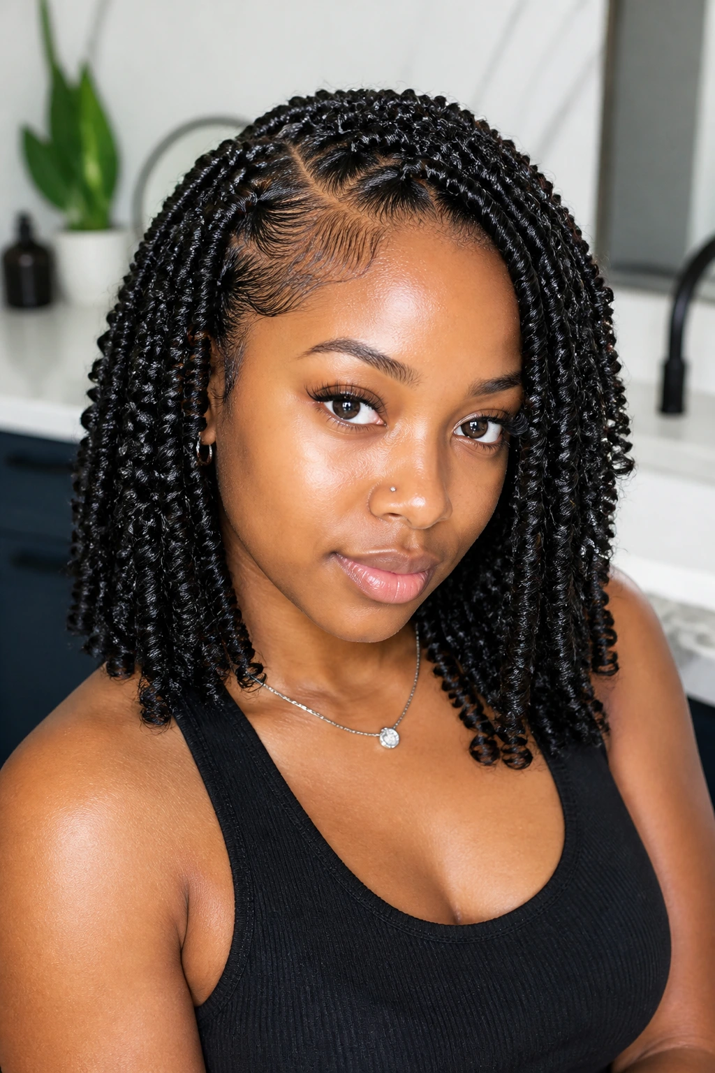 Close-up of real woman with wet-look defined spring twists