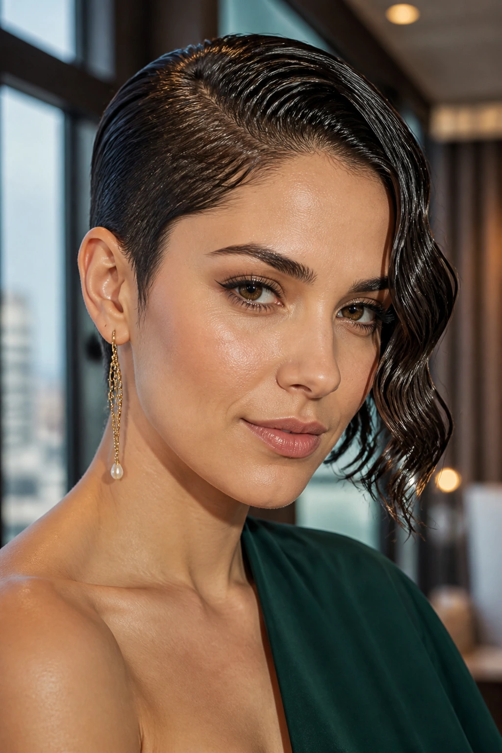 Close-up of a real person with a wet-look wave on an asymmetrical cut