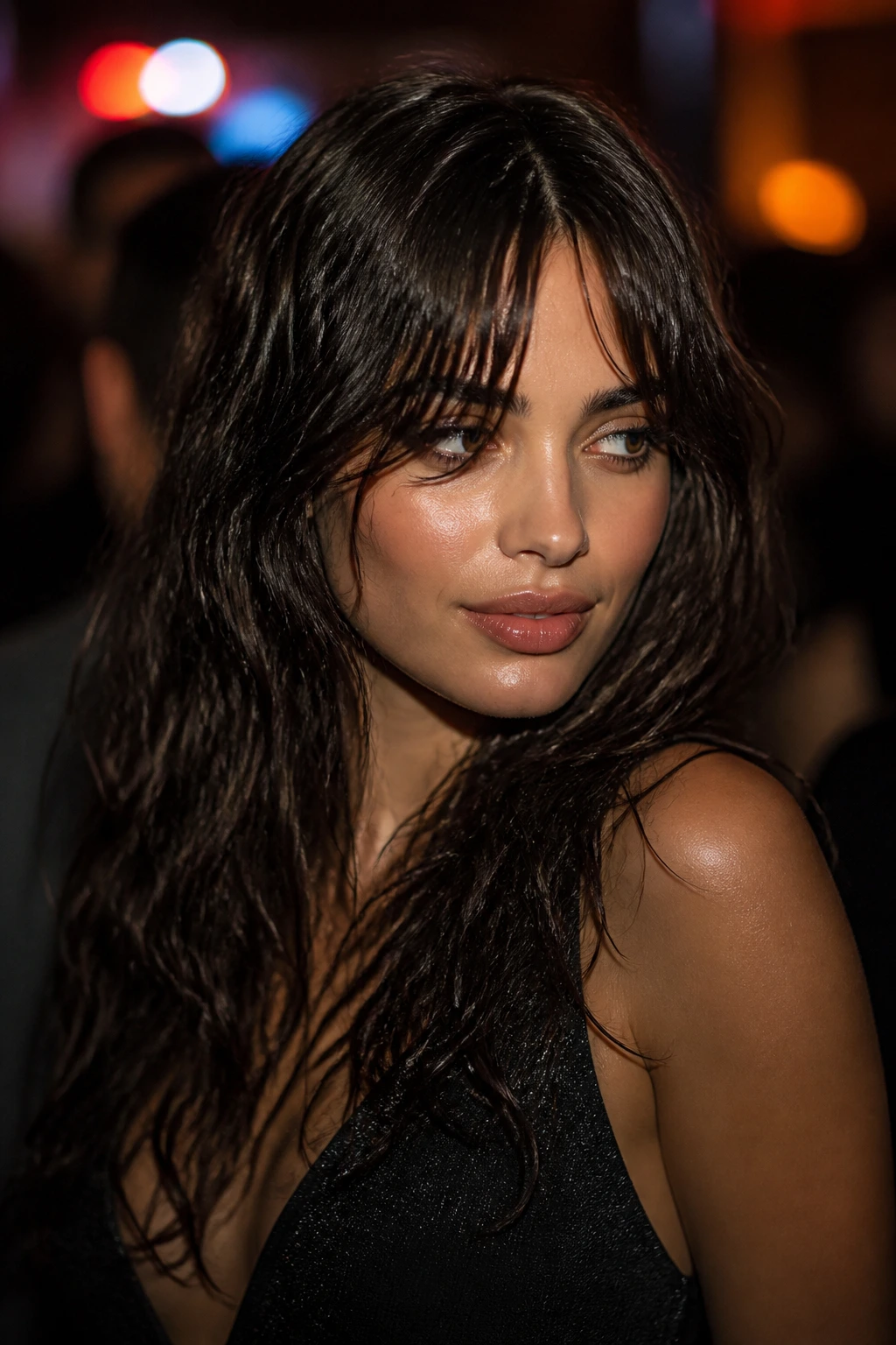 Textured wet-look waves with soft curtain bangs on a real person