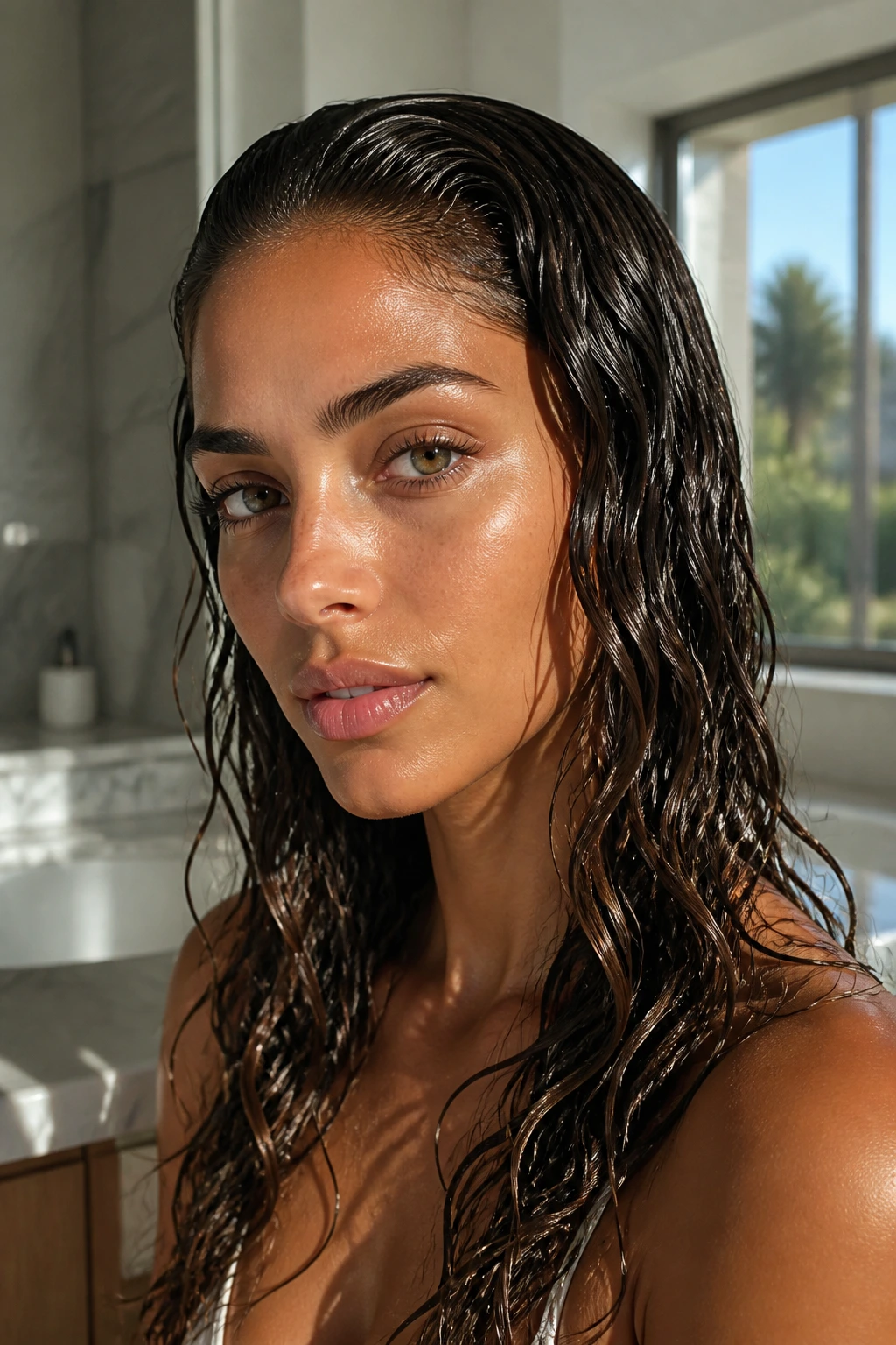 Close-up of a real woman with glossy wet-look waves in a sunlit bathroom