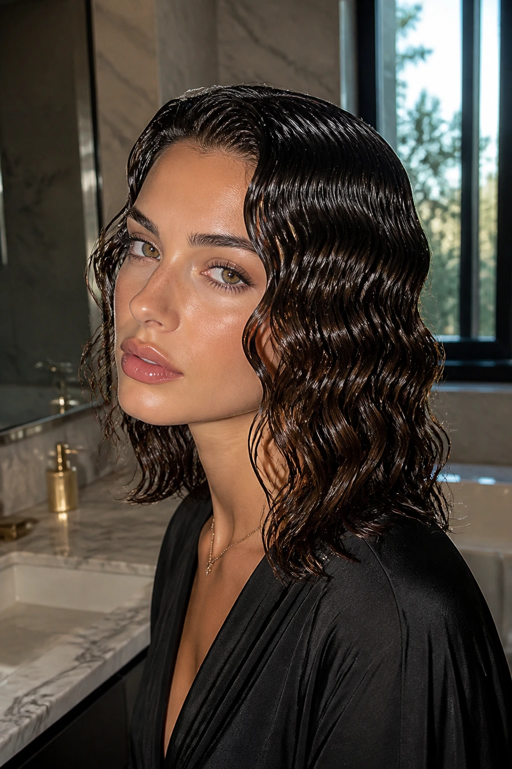 Close-up portrait of a real woman with glossy wet-look sculpted waves