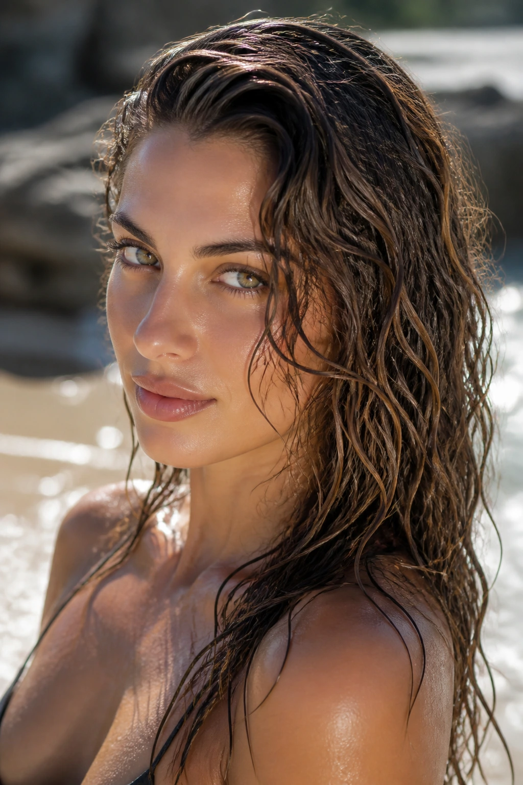 Close-up of a woman with glossy wet-look waves on long hair by the beach