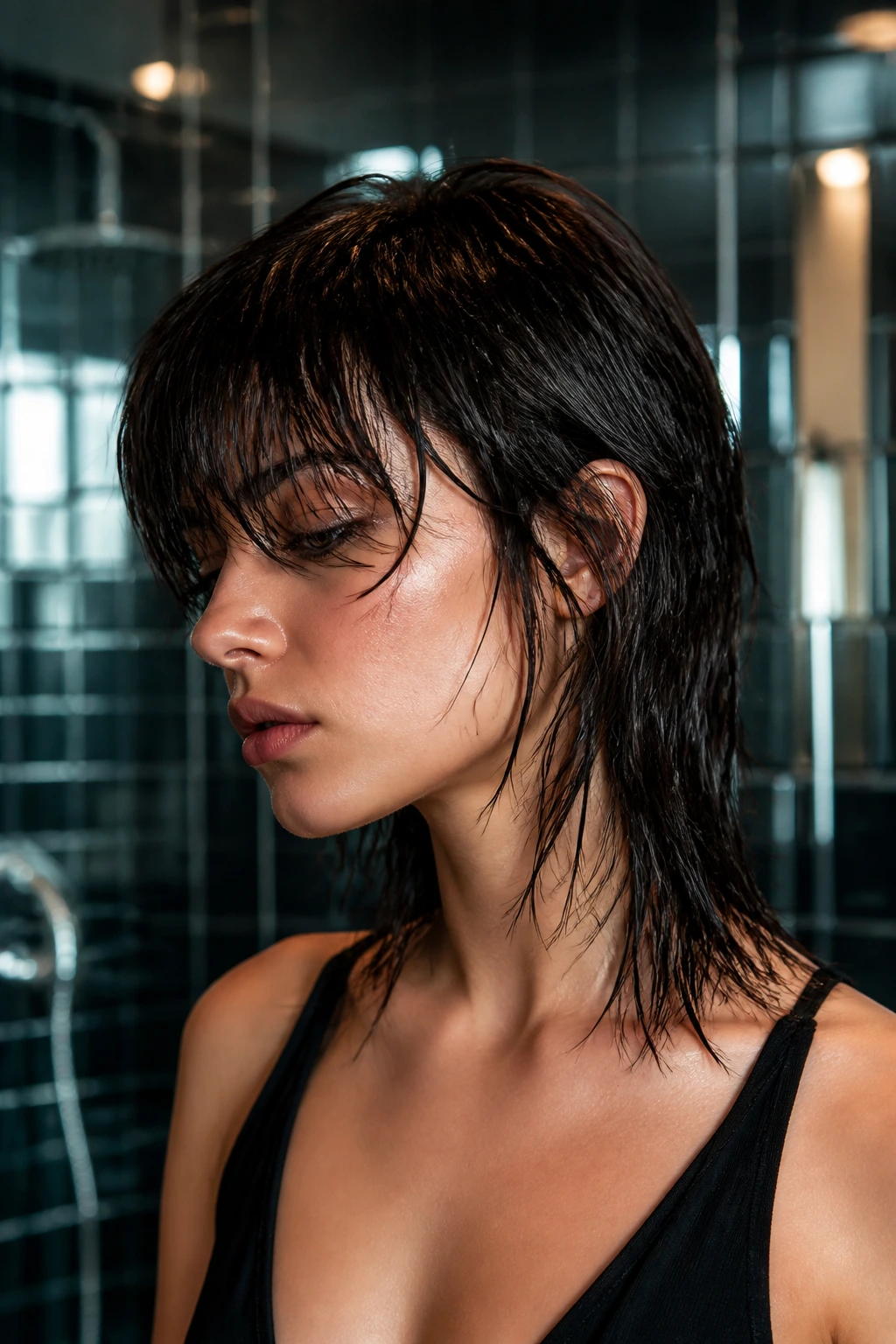 Real person with wet-look wolf cut; shiny, defined hair sections.