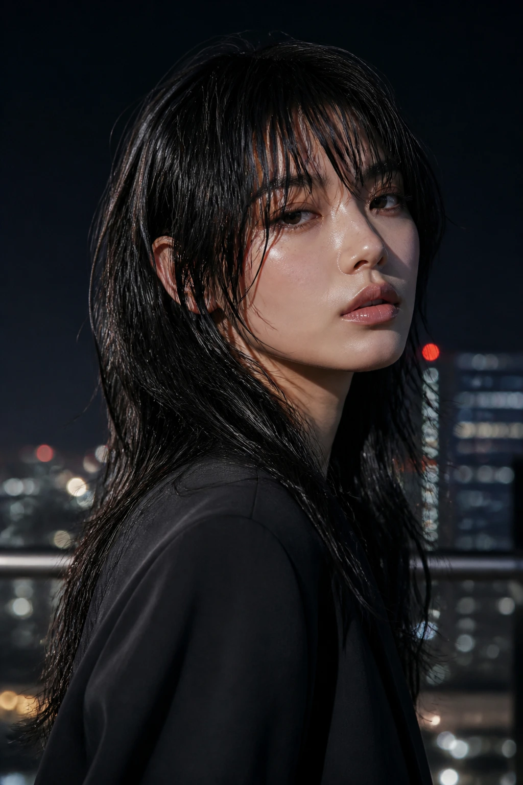 Real person with wet-look editorial wolf cut on rooftop city lights