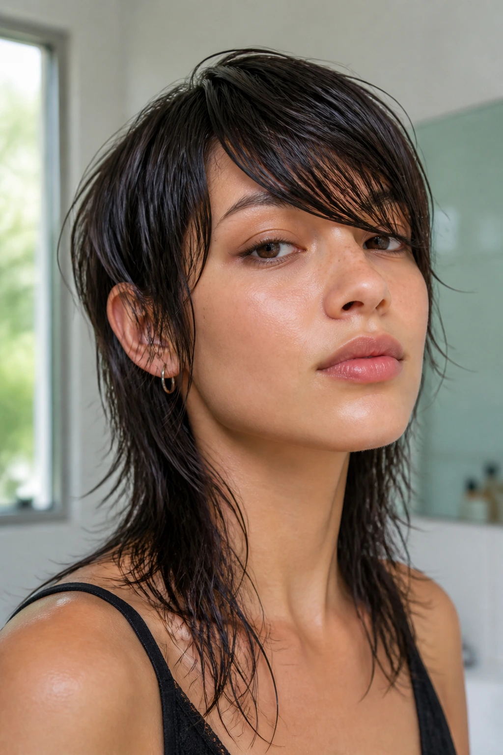 Close-up of a real woman with a wet-look wolf cut and sleek side fringe in natural window light