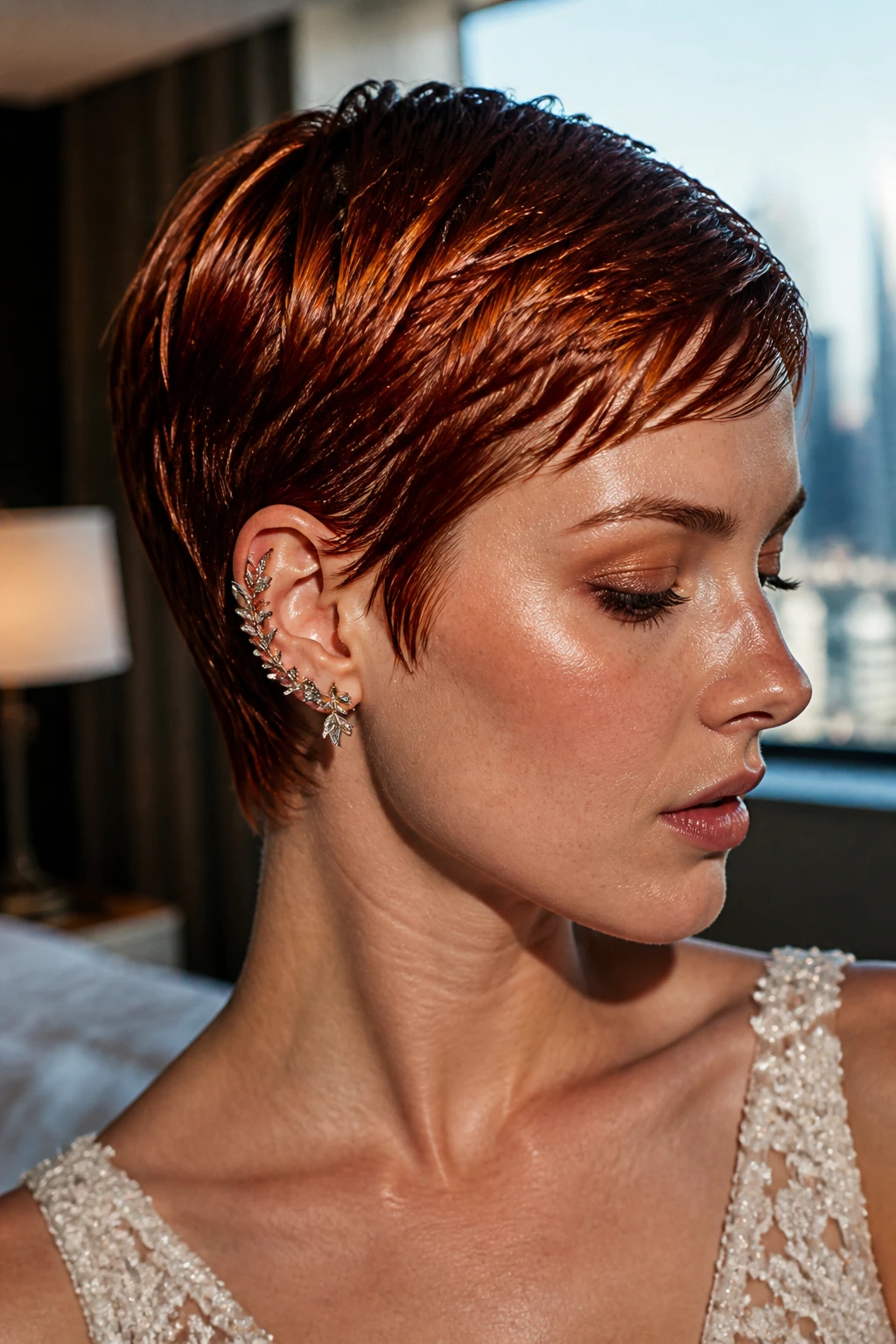 Real bride with glossy wet pixie and ear cuff