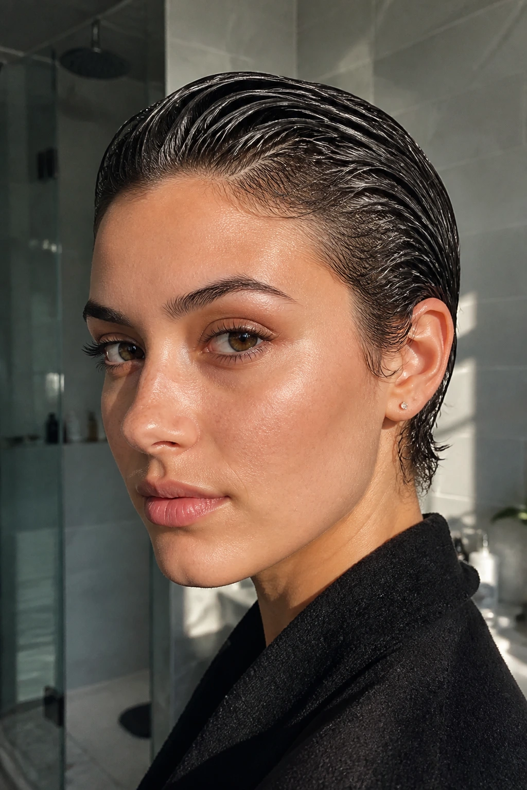 Close-up of a real person with a slicked-back wet pixie hairstyle in a bathroom