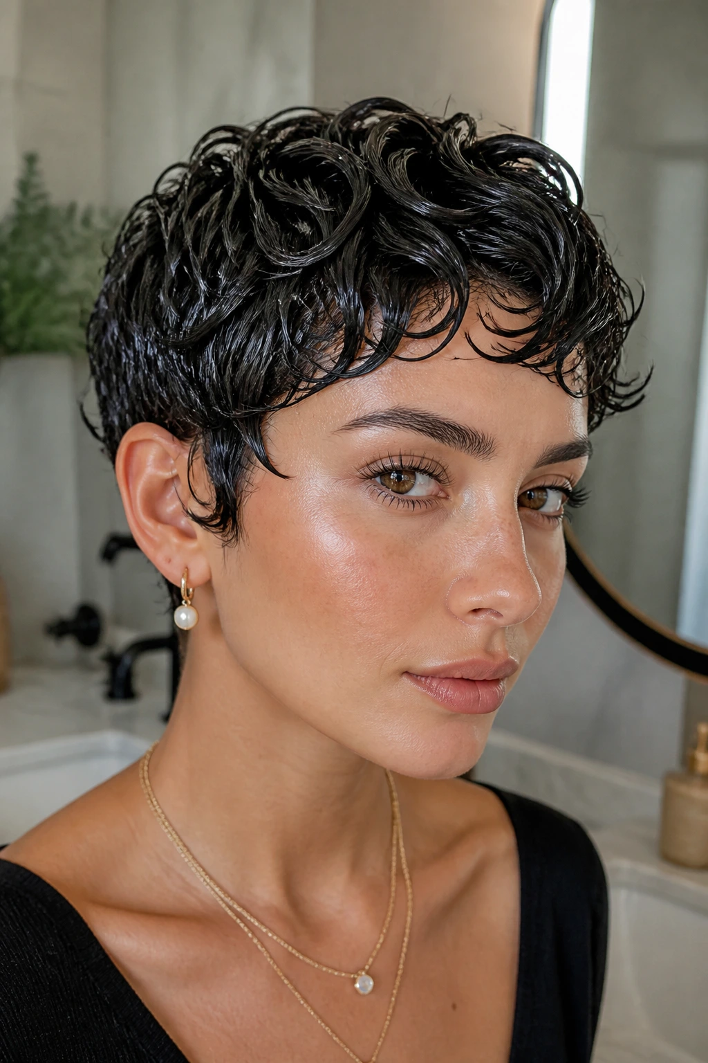 Portrait of a person with a wet pixie cut showing defined sections and shine