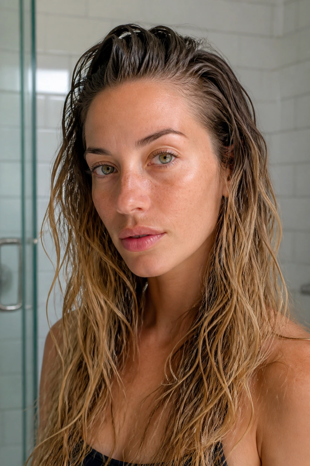 Close-up of a person with wet-root texture waves and matte lengths