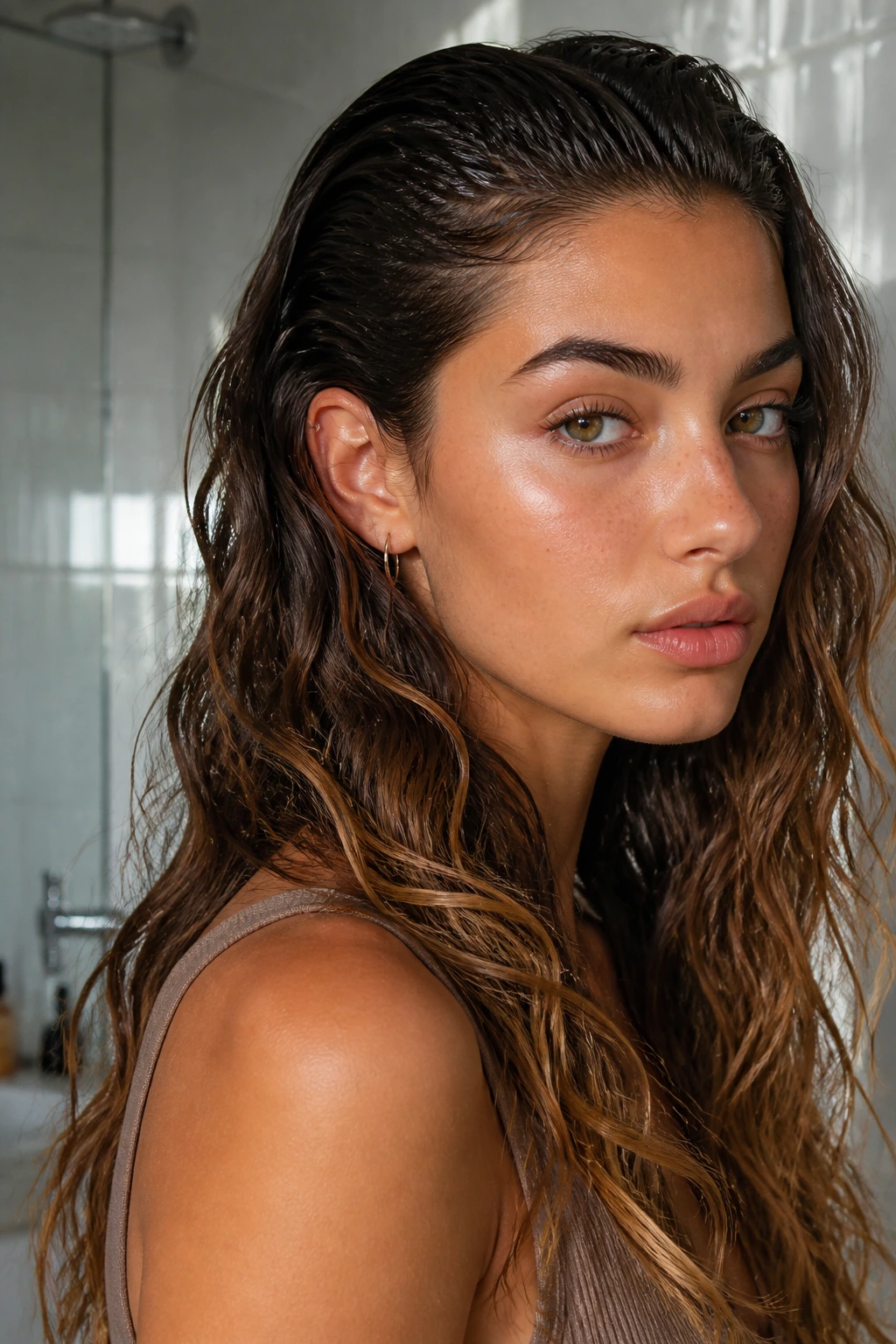 Close-up of real person with wet-root waves and soft length