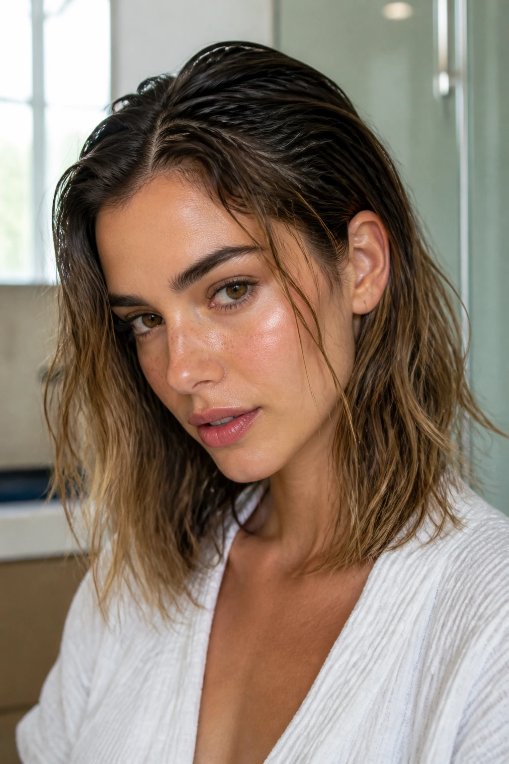 Portrait of a woman with wet roots transitioning to drier ends in a bathroom setting