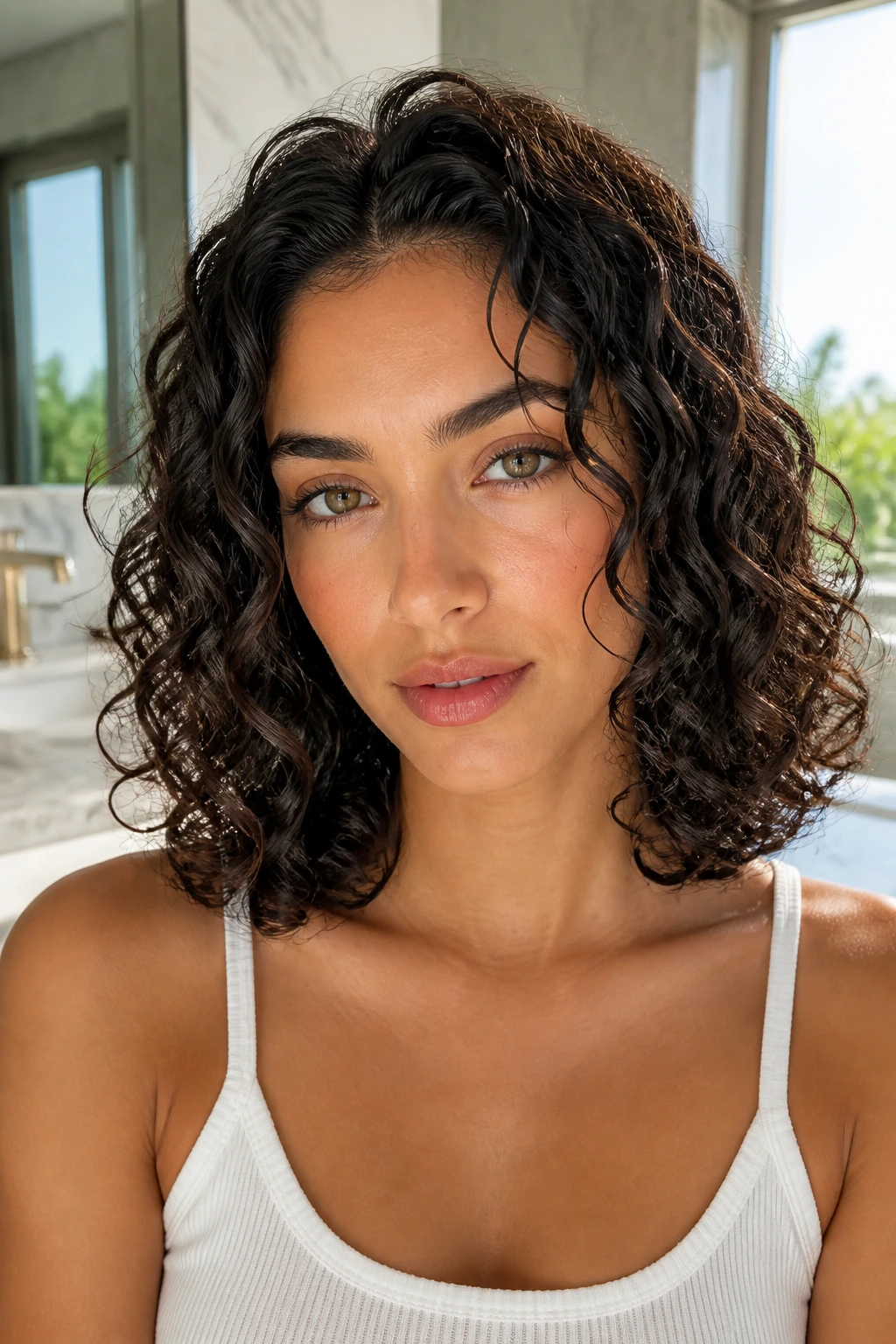 Close-up of a real woman with wet-set shoulder-length curls and glossy ringlets