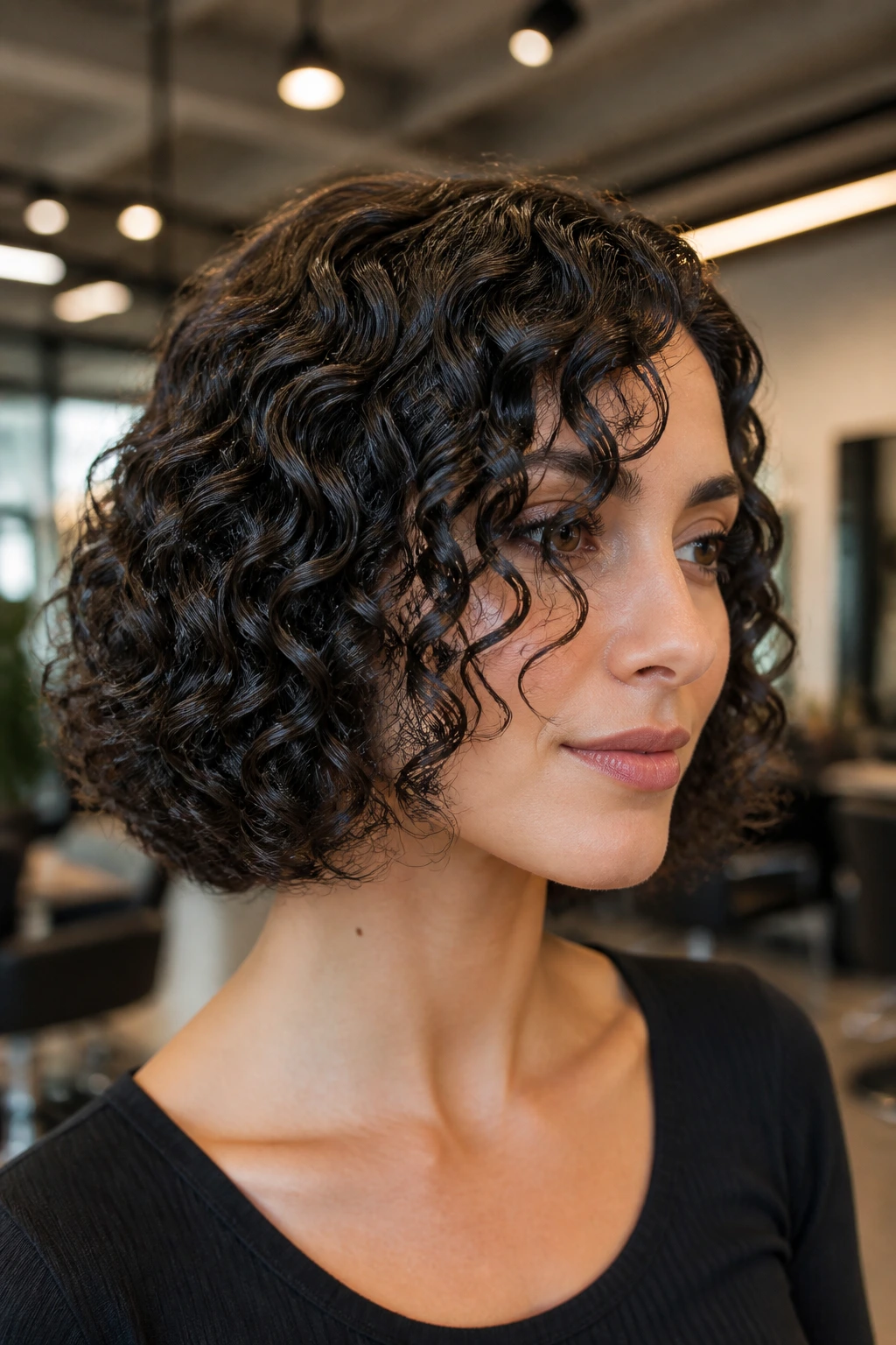 Portrait of a woman with a wet-set inspired curly bob and glossy, defined curls.