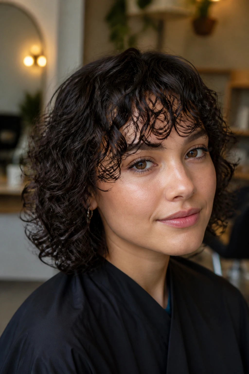 Close-up of a real woman with defined damp-set bangs in a salon