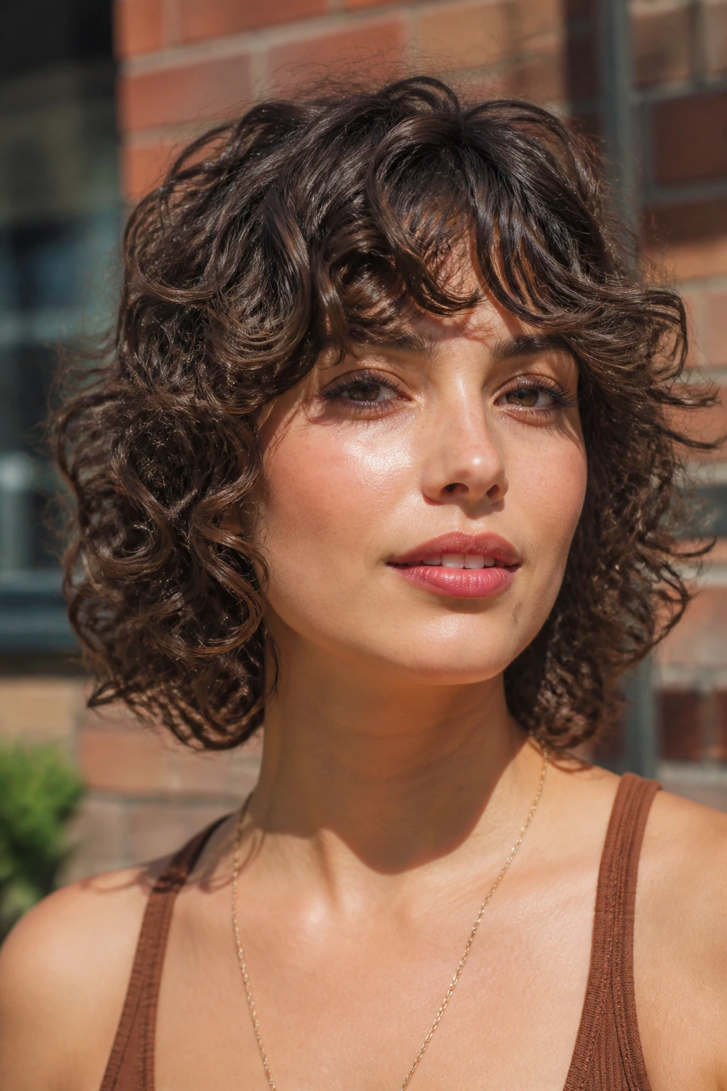 Close-up portrait of a real woman with glossy, defined wet-set curls and a controlled fringe.