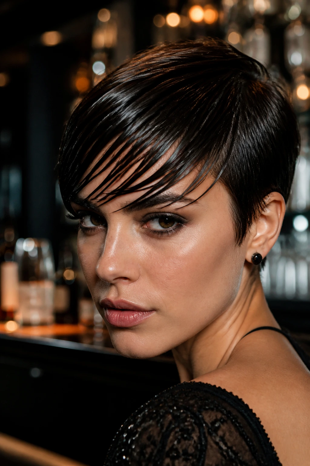 Close-up of wet-set slick fringe on a real person with glossy, directional fringe