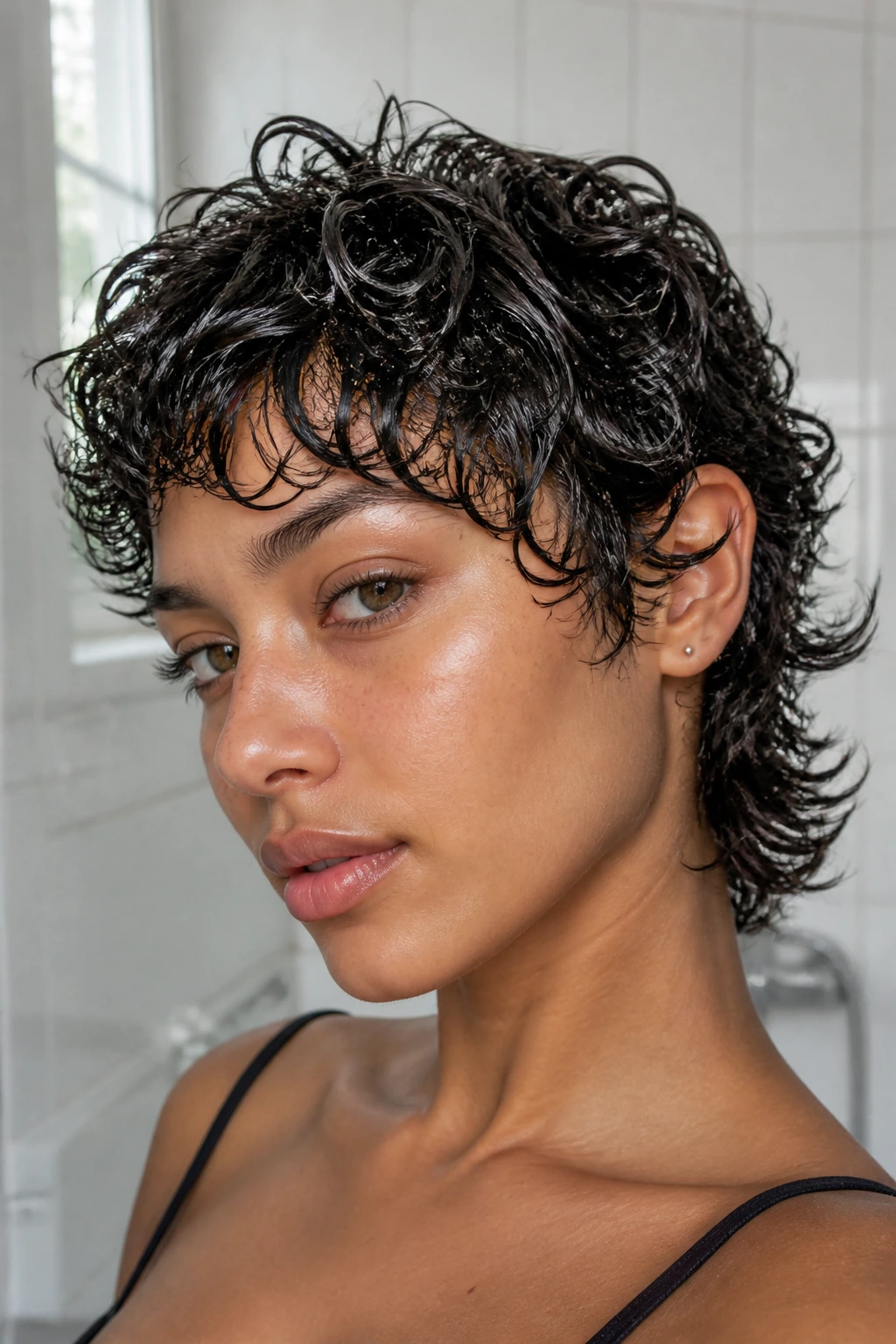Close-up of a real woman with glossy wet-set pixie wolf curls.