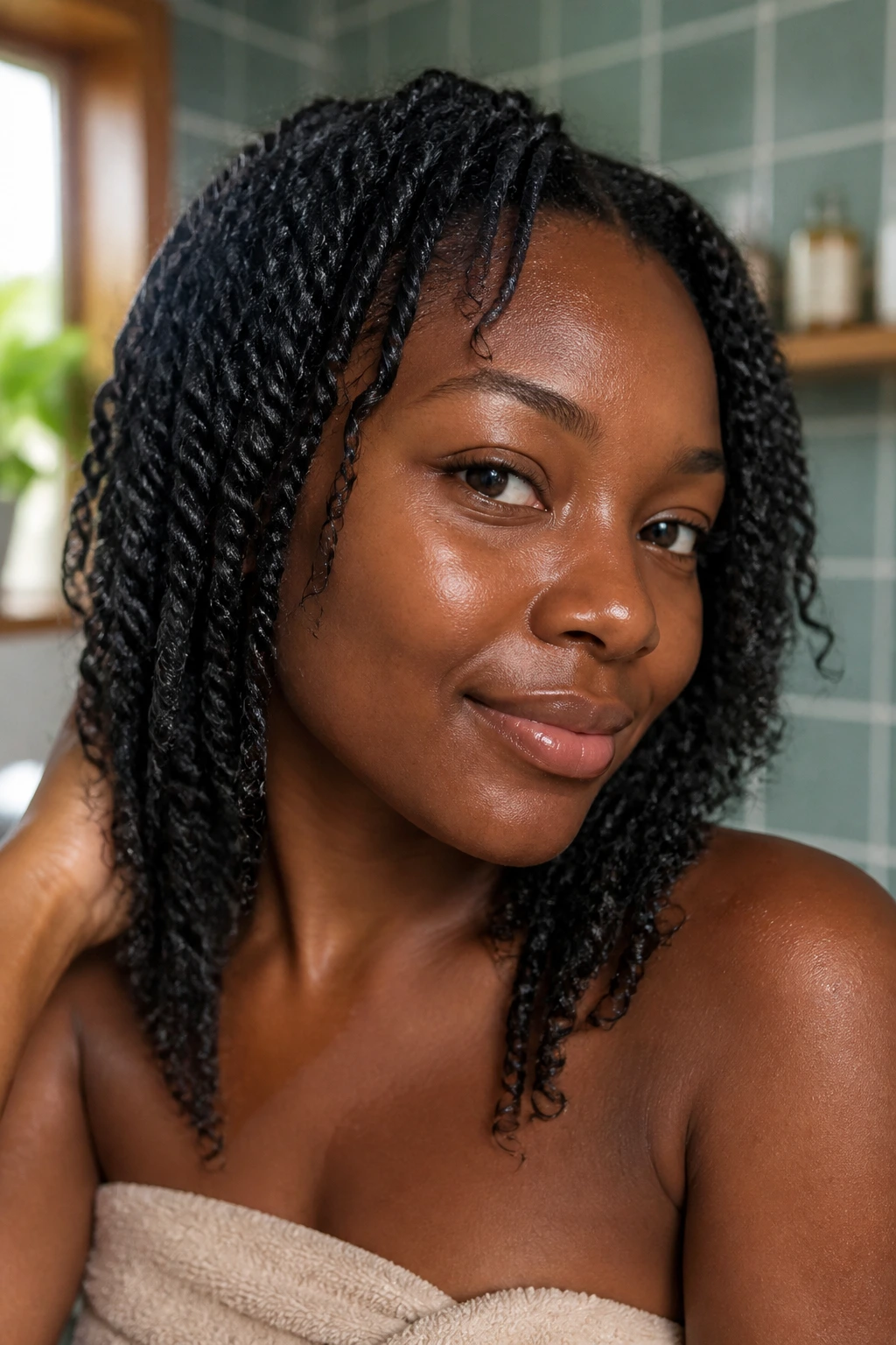 Close-up of real person with wet-set twists in a bathroom setting