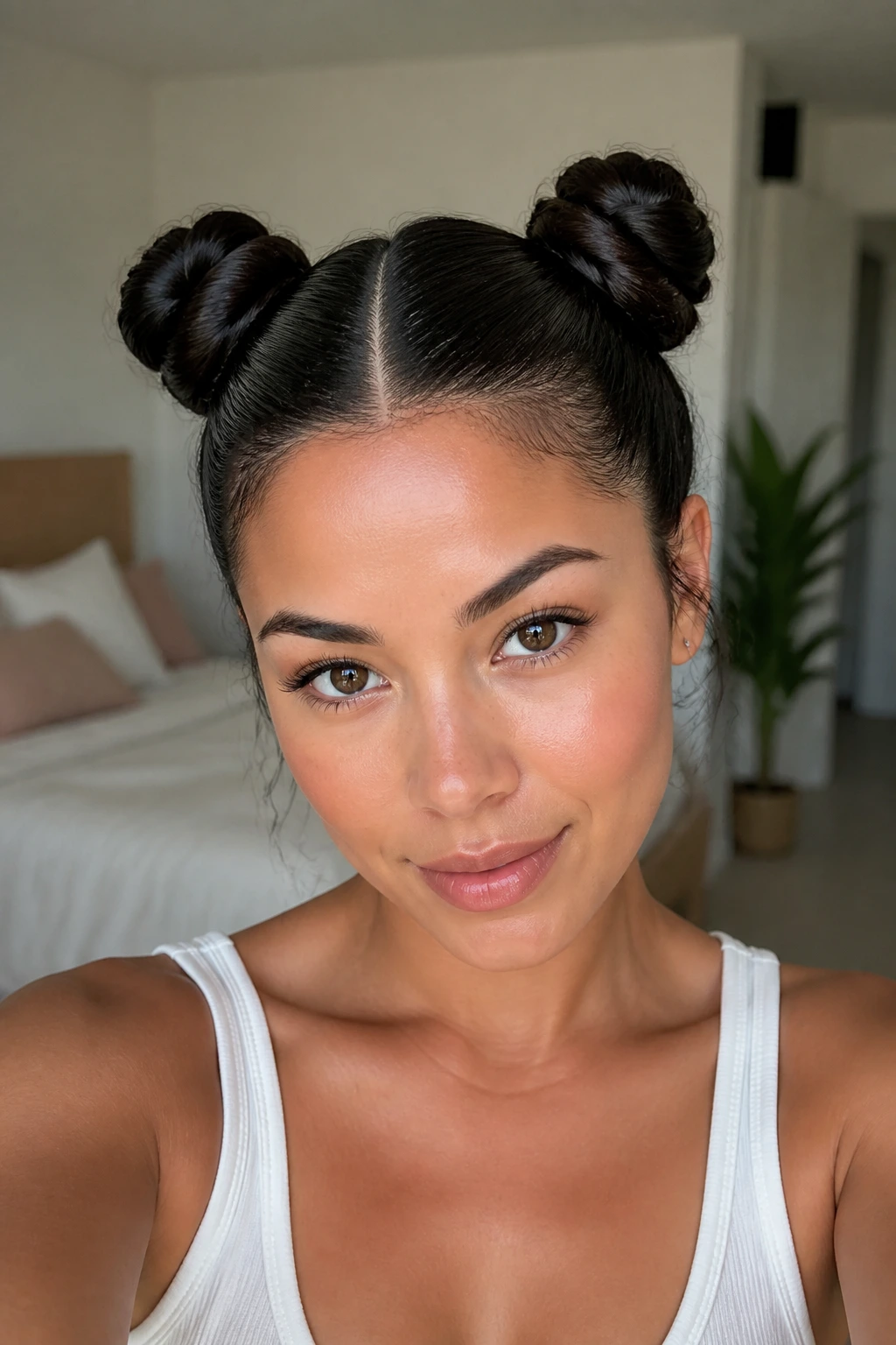 Close-up portrait of a real person with center-part and two glossy space buns.