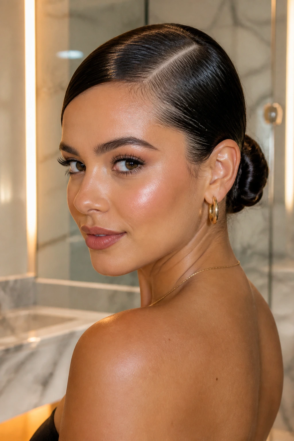 Close-up of a woman with a wet-style low bun and side part in a stylish bathroom