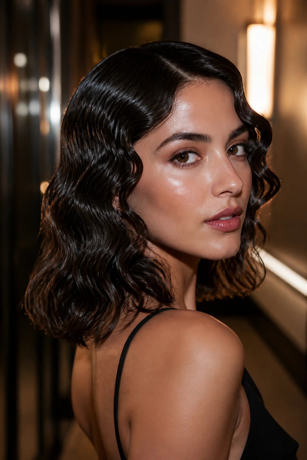 Portrait of a real woman with glossy wet-style waves on shoulder-length hair