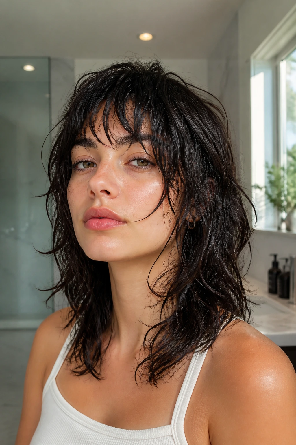 Real person with wet-texture Italian shag hairstyle