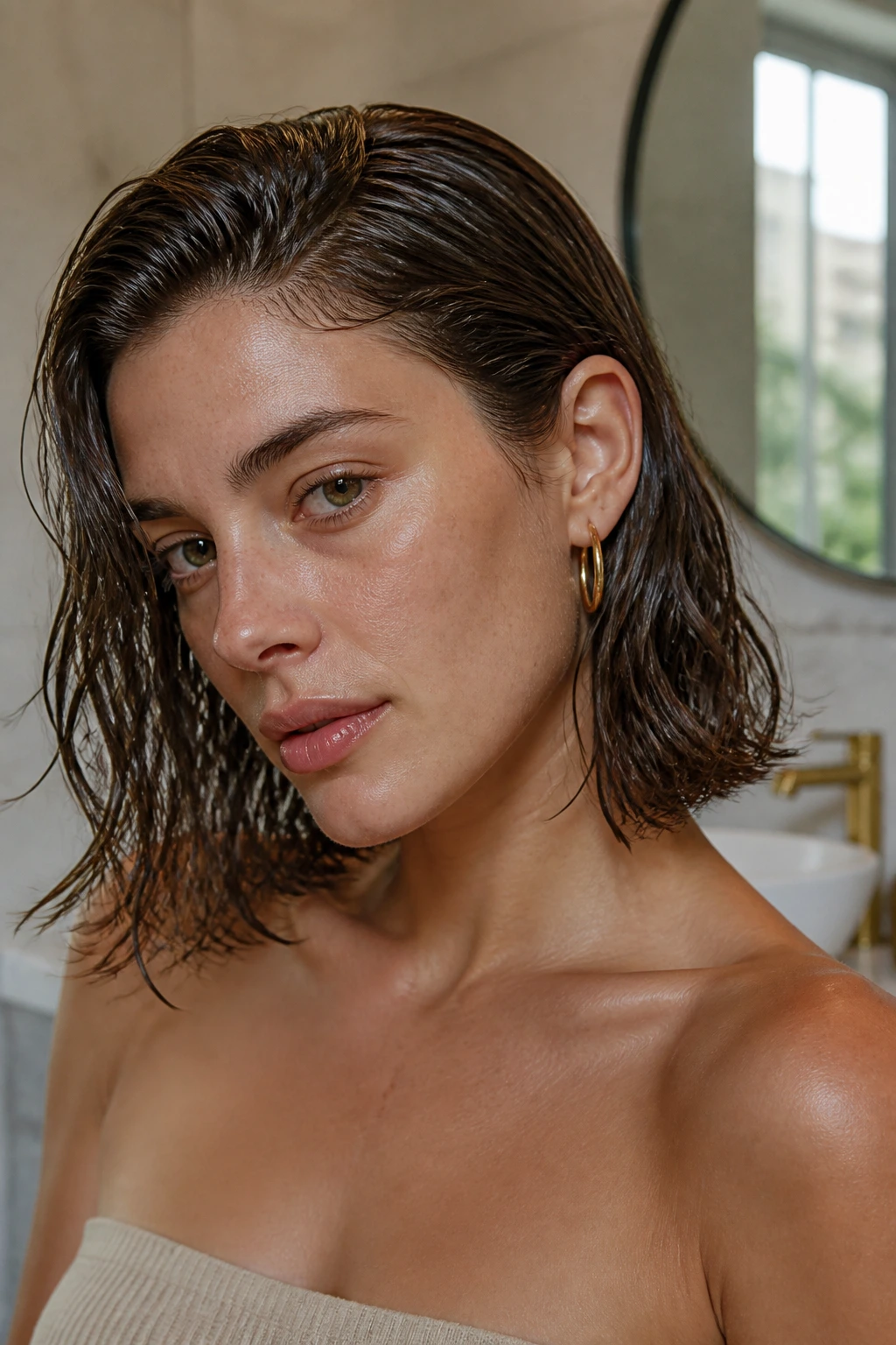 Close-up of a woman with glossy wet-textured lob hairstyle in a natural bathroom light