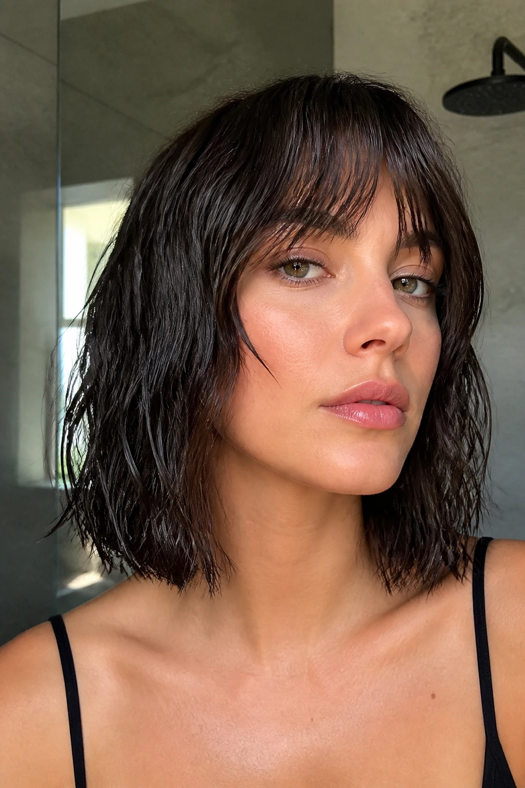 Close-up portrait of real person with wet-texture lob and grown-out bangs